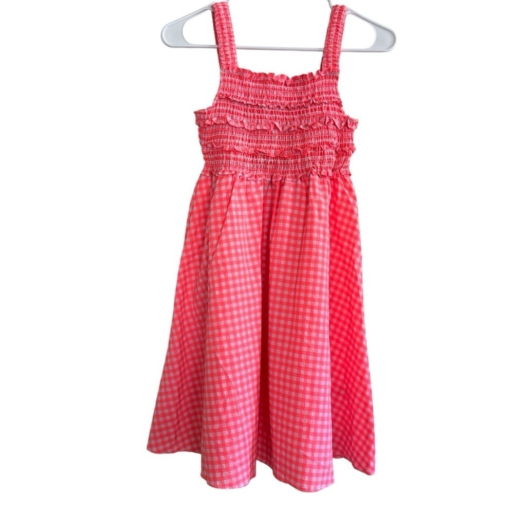 Andy & Evan Neon Coral White Smocked Dress MIDI Straps Gingham Girls 10 NWT